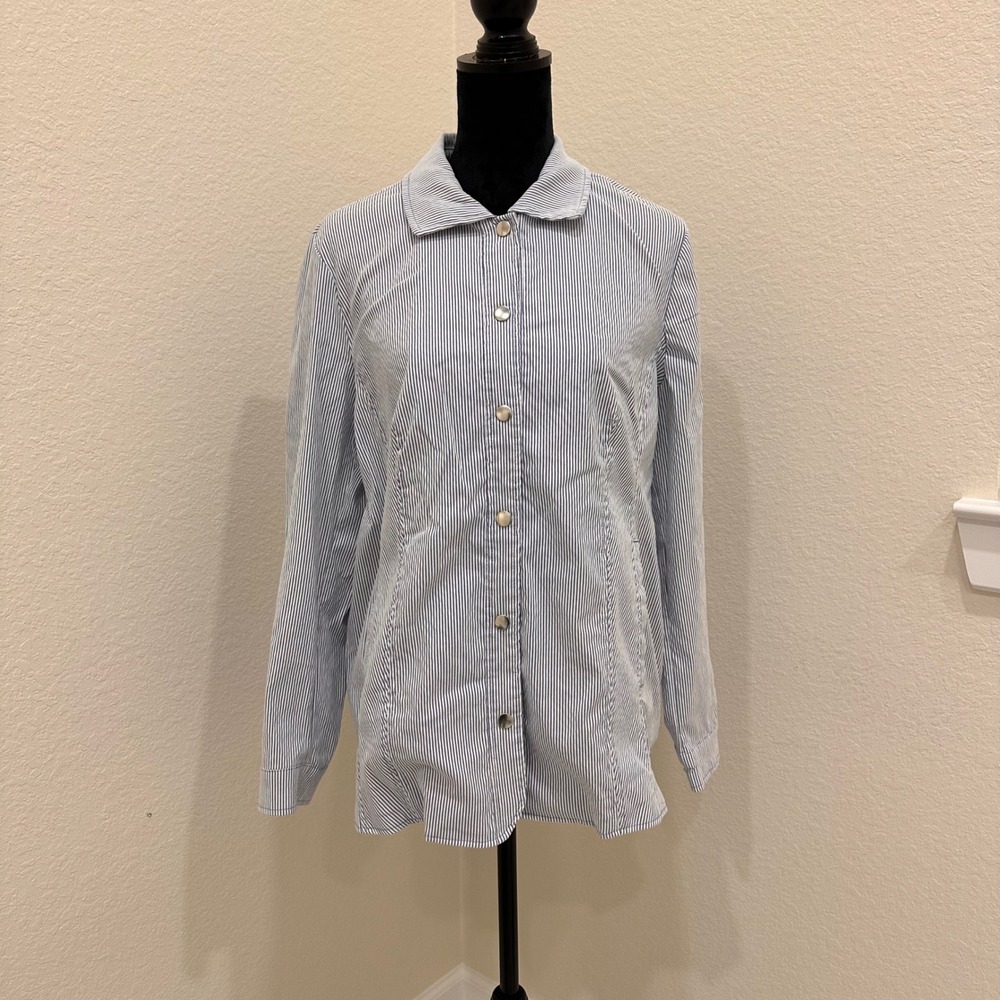 Chico's 3 Blue White Striped Lightweight Jacket Snap Button‎ Women's 16/18